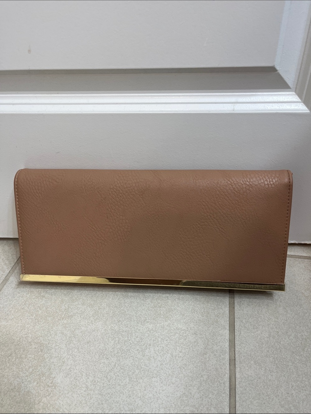 Charming Charlie Tan Clutch with Gold Bar Trim
